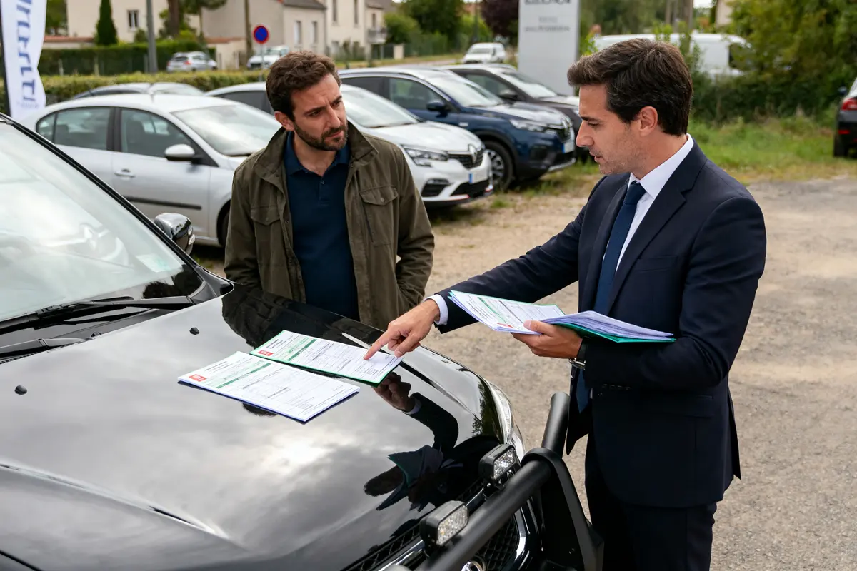 Un vendeur professionnel explique les obligations pour une voiture d'occasion à un client intéressé