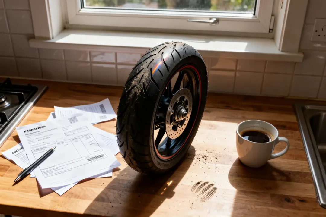 Pneu pas cher pour moto sur une table avec factures et tasse de café.