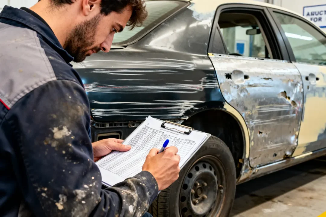Un mécanicien évalue les dommages sur une voiture pour estimer le prix d'une carrosserie