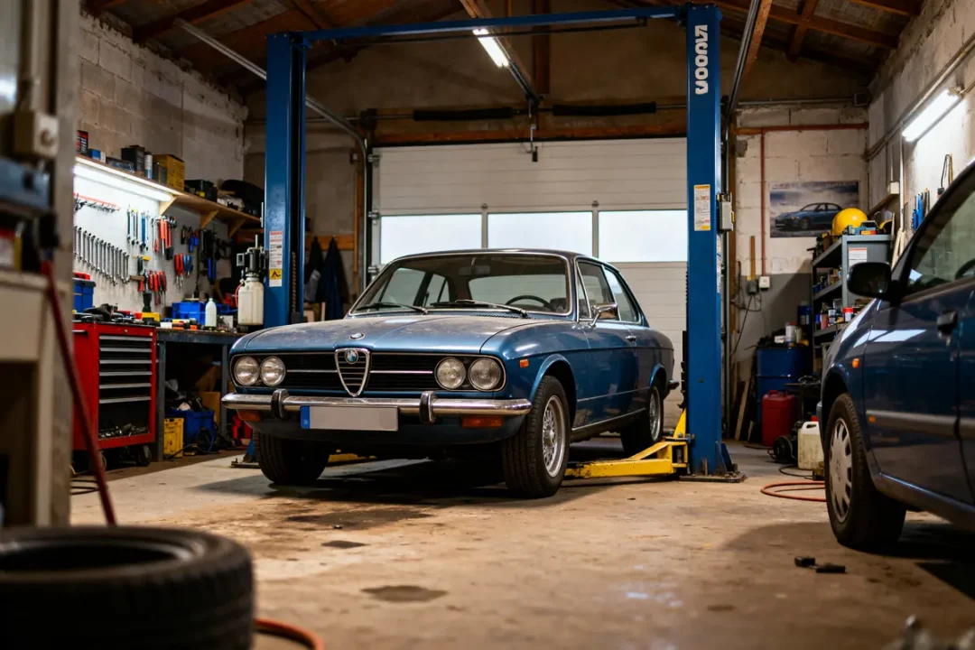 Voiture classique sur un pont élévateur dans un garage analysant le prix de la main-d'œuvre