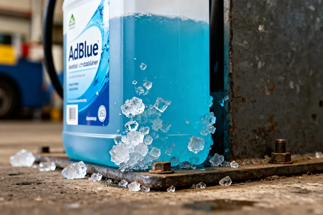 Conteneur renversé d'AdBlue montrant les effets d'un surdosage de l'anti-cristallisant AdBlue