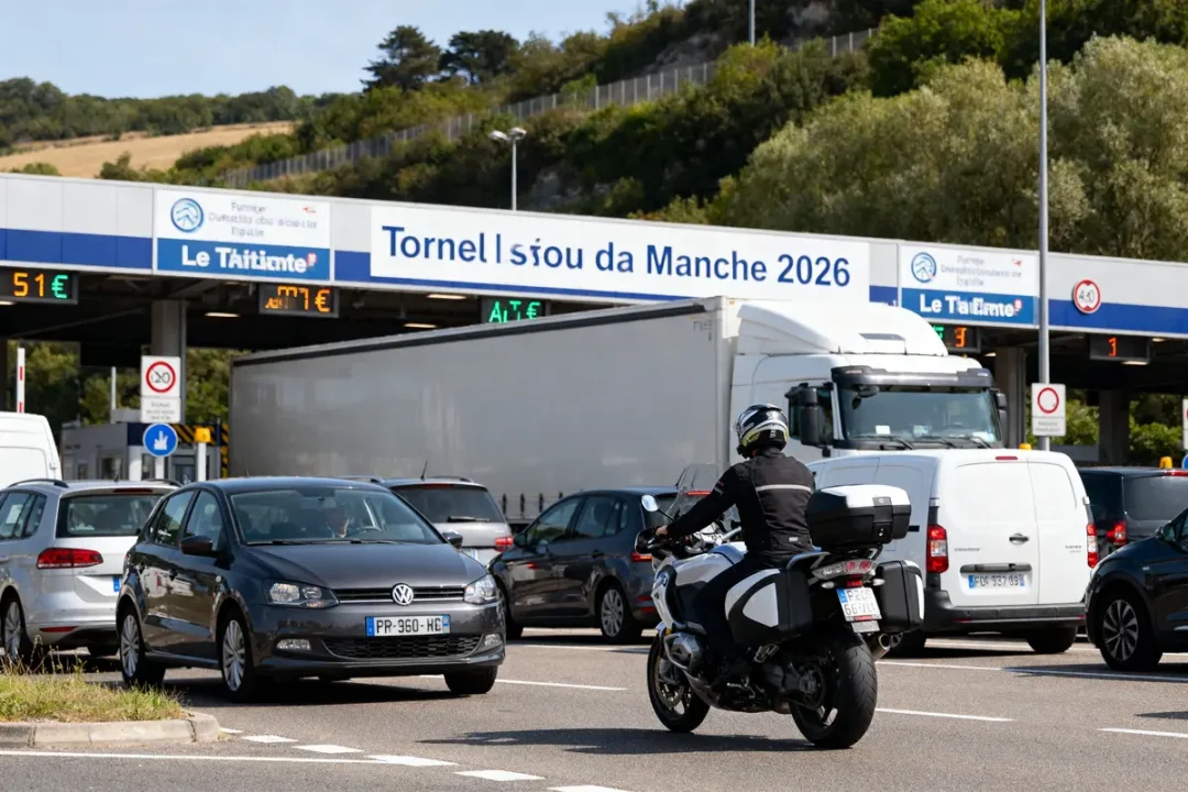 Automobiles au péage avec tarif du tunnel sous la Manche affiché sur panneau électronique