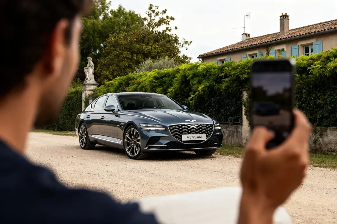 Homme photographie une voiture Genesis G80 sur une route de campagne arborée