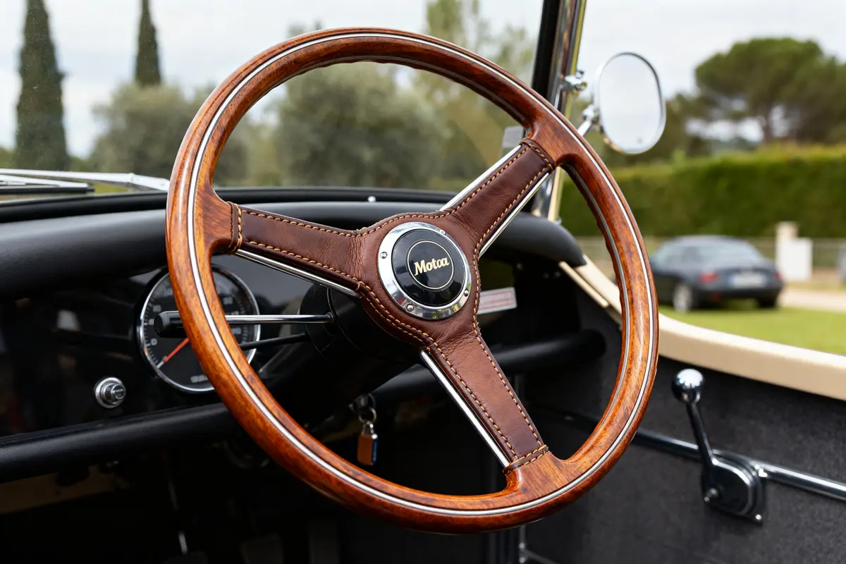 Volant Motolita en bois et cuir dans l'habitacle d'une voiture classique.