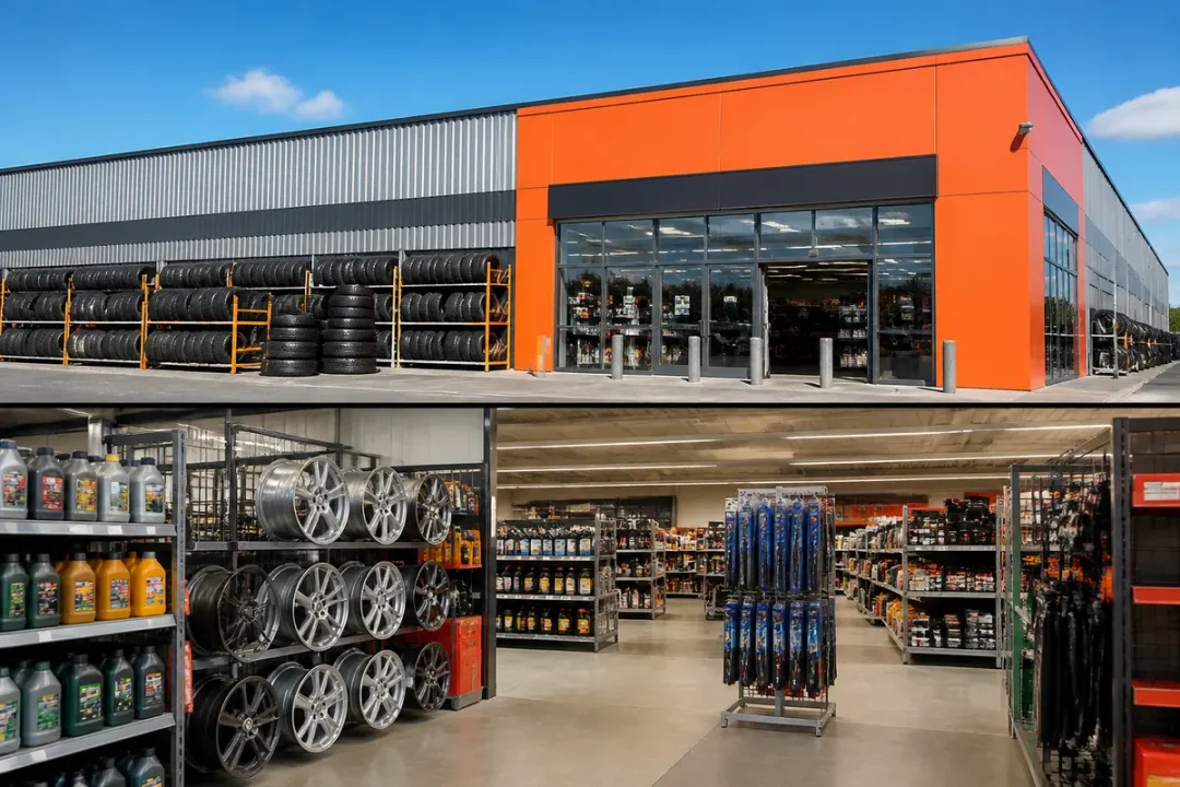 Magasin Autobacs avec pneus et accessoires automobiles à l'extérieur et à l'intérieur.