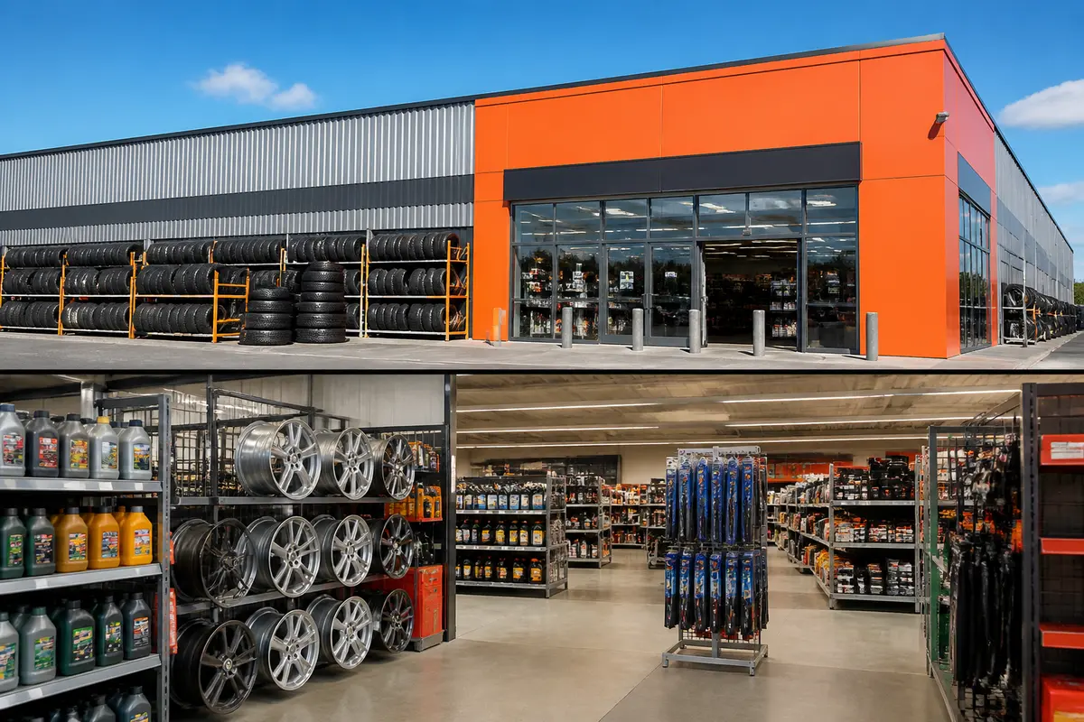 Magasin Autobacs avec pneus et accessoires automobiles à l'extérieur et à l'intérieur.