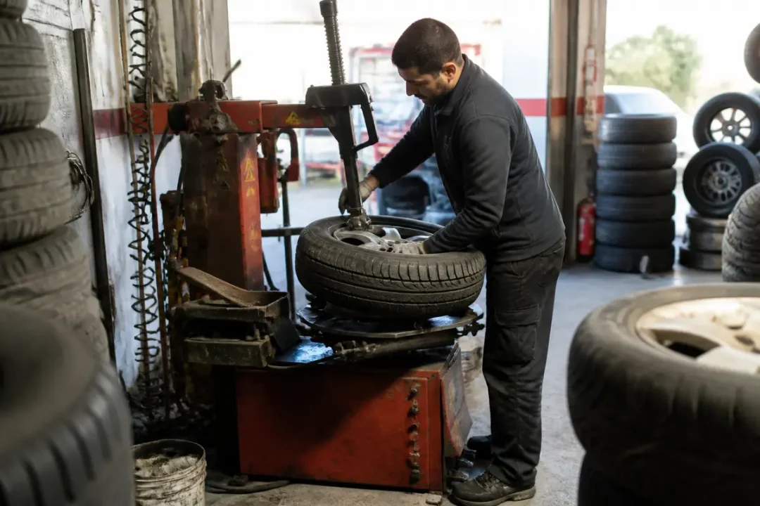 Technicien changeant un pneu dans un atelier de la centrale de pneus industriels