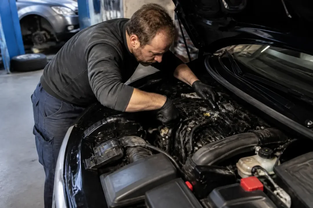 Mécanicien réparant un moteur pour résoudre le code défaut P0401 dans un garage automobile