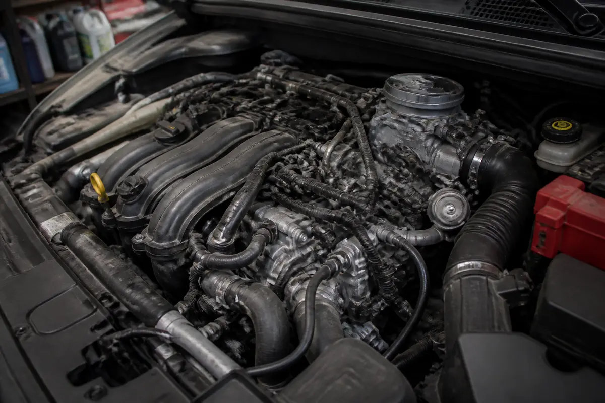 Moteur de Renault Scénic visible pour injection à contrôler sous le capot ouvert