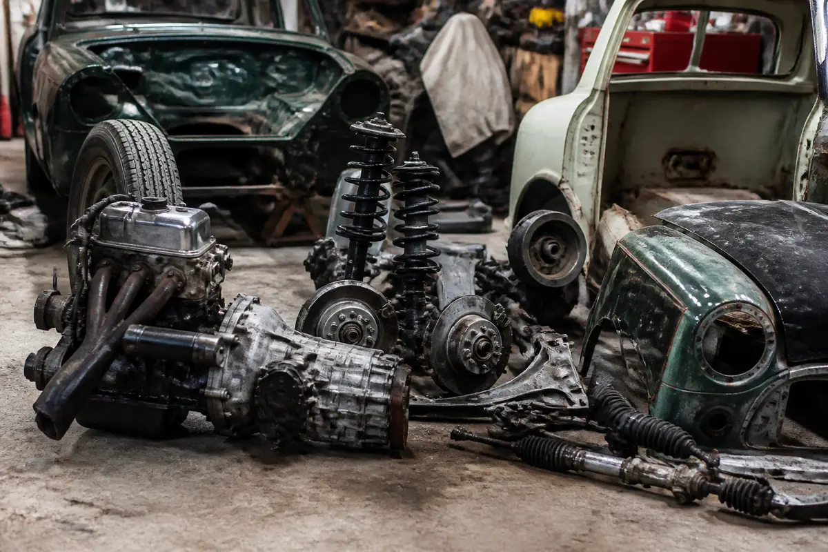 Atelier avec châssis et pièces détachées pour Mini Austin vintage en restauration