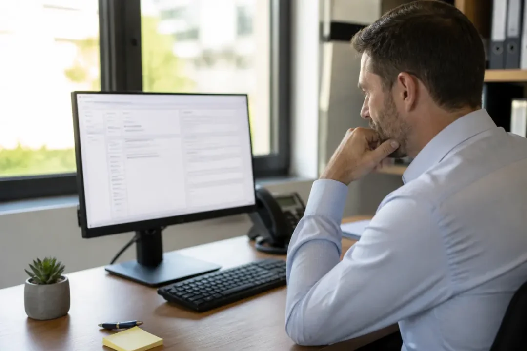 Homme consultant simulateur de carte grise sur ordinateur dans un bureau lumineux